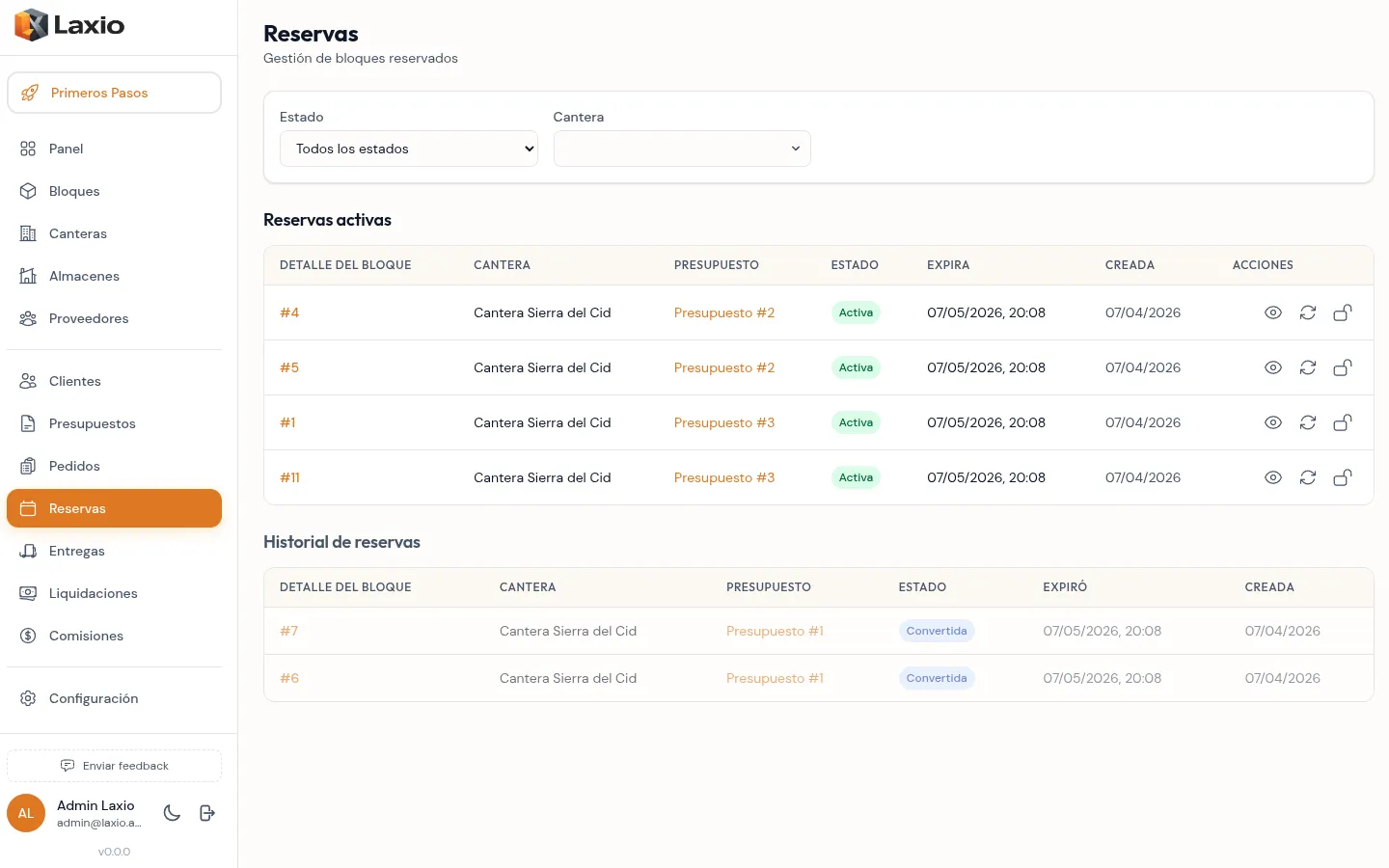 Laxio — reservas de bloques